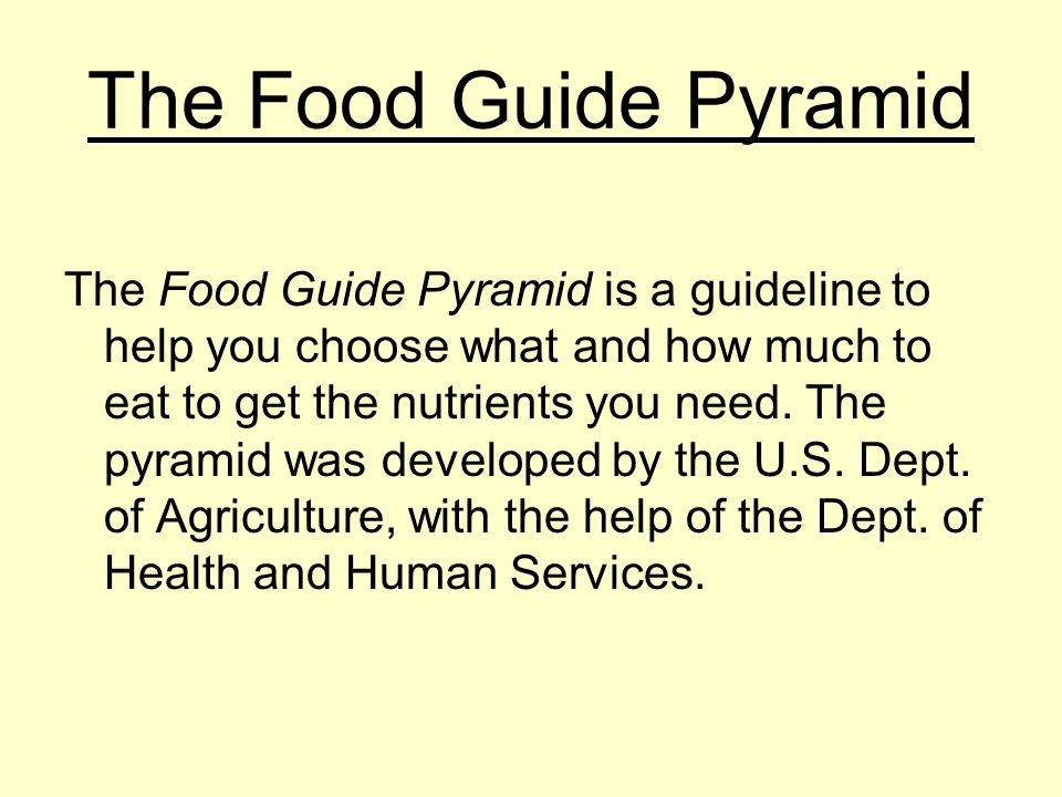 The Food Guide Pyramid The Food Guide Pyramid is a guideline to help you choose what and how much to eat to get the nutrients you need.