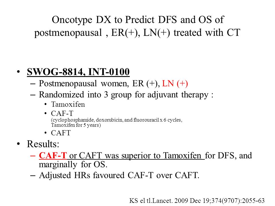 Oncotype DX to Predict DFS and OS of postmenopausal, ER(+), LN(+) treated with CT SWOG-8814, INT-0100 – Postmenopausal women, ER (+), LN (+) – Randomized into 3 group for adjuvant therapy : Tamoxifen CAF-T (cyclophosphamide, doxorubicin, and fluorouracil x 6 cycles, Tamoxifen for 5 years) CAFT Results: – CAF-T or CAFT was superior to Tamoxifen for DFS, and marginally for OS.