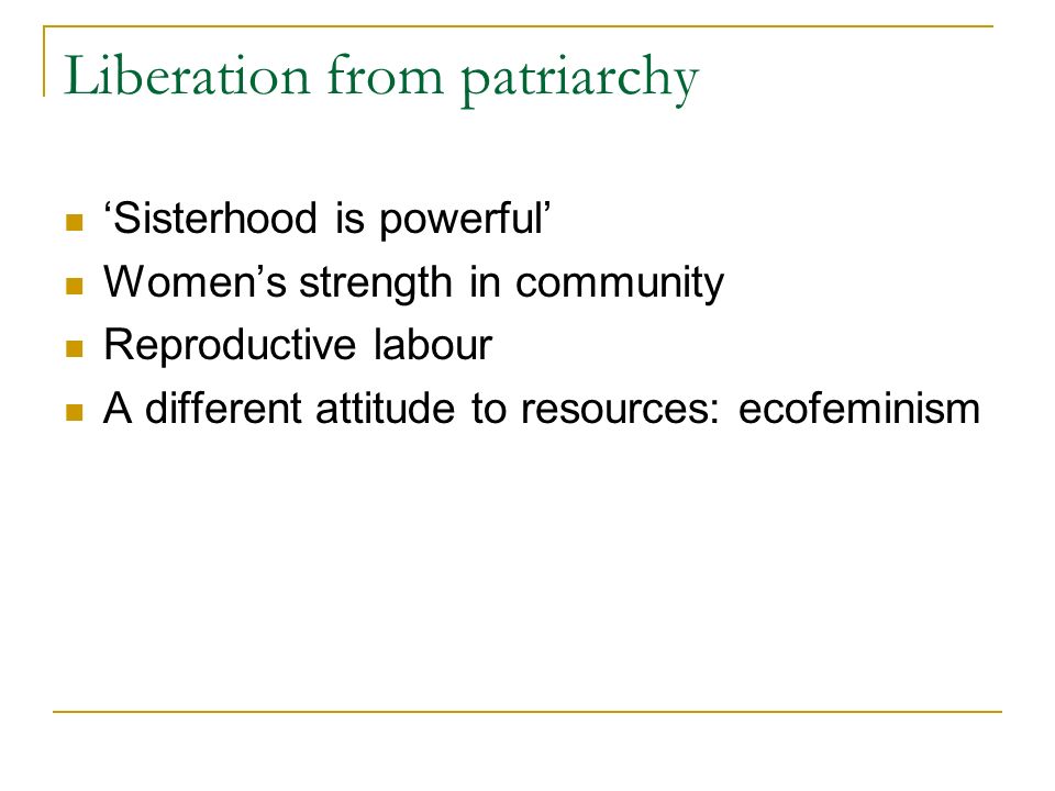 Liberation from patriarchy ‘Sisterhood is powerful’ Women’s strength in community Reproductive labour A different attitude to resources: ecofeminism