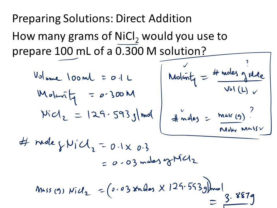 Preparing Solutions: Direct Addition How many grams of NiCl 2 would you use to prepare 100 mL of a M solution