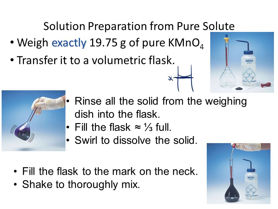 exactly Weigh exactly g of pure KMnO 4 Transfer it to a volumetric flask.