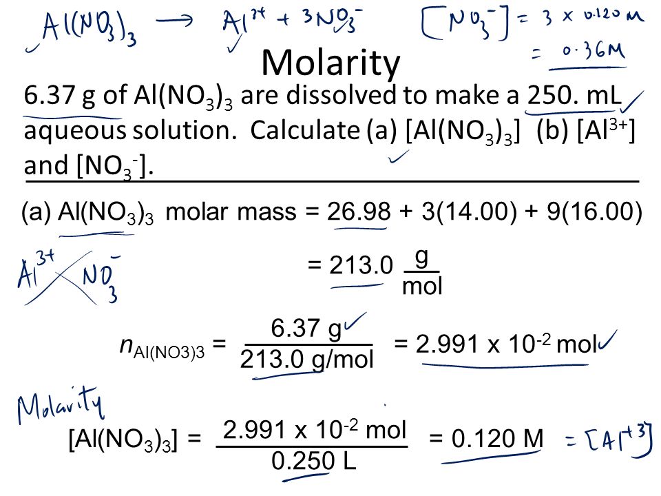Molarity (a) Al(NO 3 ) 3 molar mass = (14.00) + 9(16.00) 6.37 g of Al(NO 3 ) 3 are dissolved to make a 250.