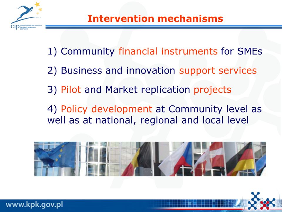Intervention mechanisms 1) Community financial instruments for SMEs 2) Business and innovation support services 3) Pilot and Market replication projects 4) Policy development at Community level as well as at national, regional and local level
