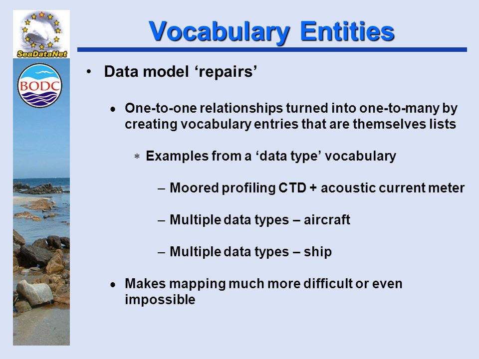 Vocabulary Entities Data model ‘repairs’  One-to-one relationships turned into one-to-many by creating vocabulary entries that are themselves lists  Examples from a ‘data type’ vocabulary –Moored profiling CTD + acoustic current meter –Multiple data types – aircraft –Multiple data types – ship  Makes mapping much more difficult or even impossible