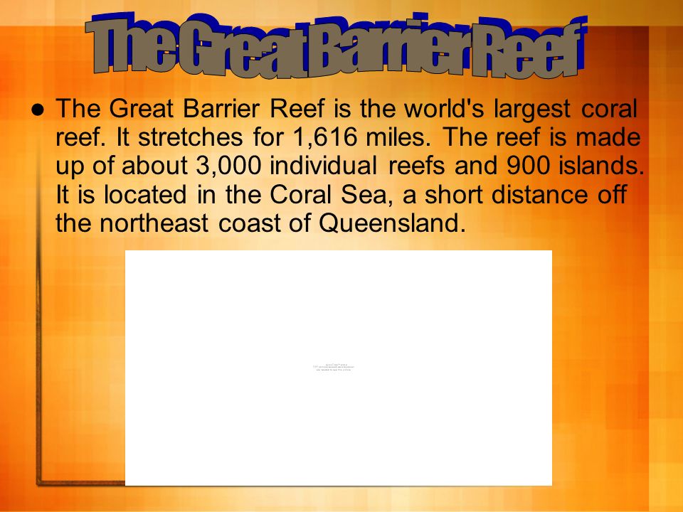 The Great Barrier Reef is the world s largest coral reef.