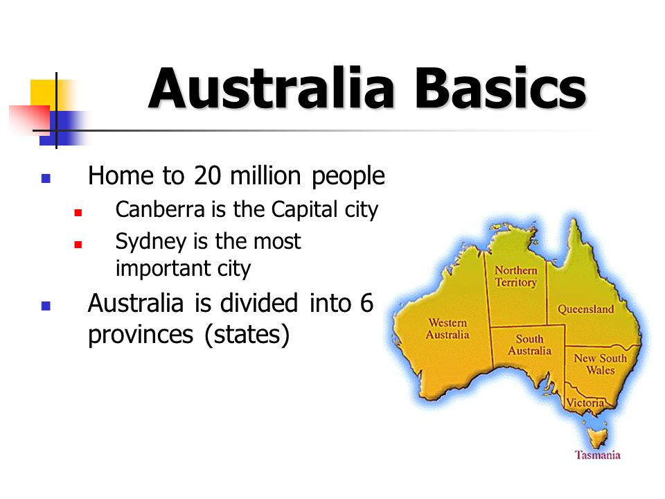 Australia Basics Home to 20 million people Canberra is the Capital city Sydney is the most important city Australia is divided into 6 provinces (states)