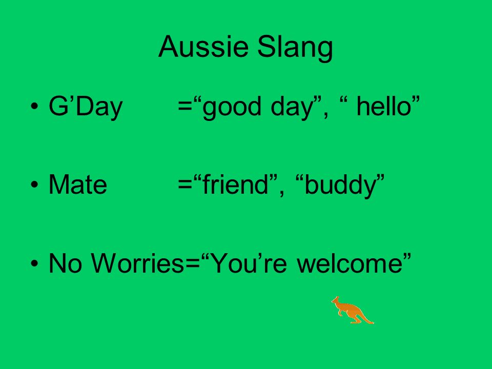 Aussie Slang G’Day= good day , hello Mate= friend , buddy No Worries= You’re welcome