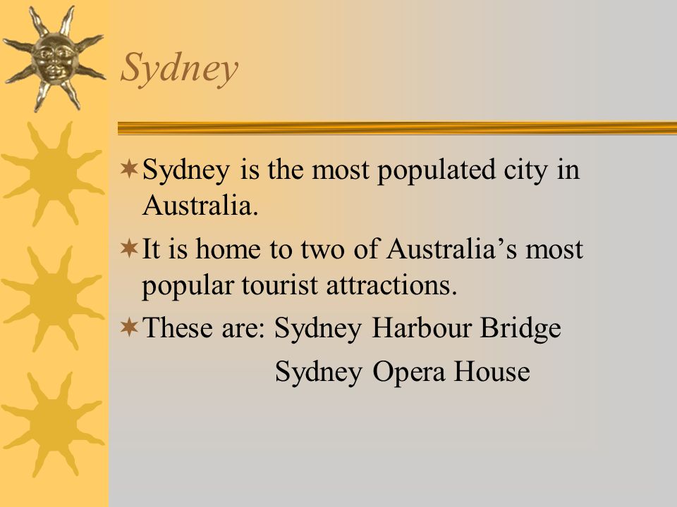 Sydney  Sydney is the most populated city in Australia.