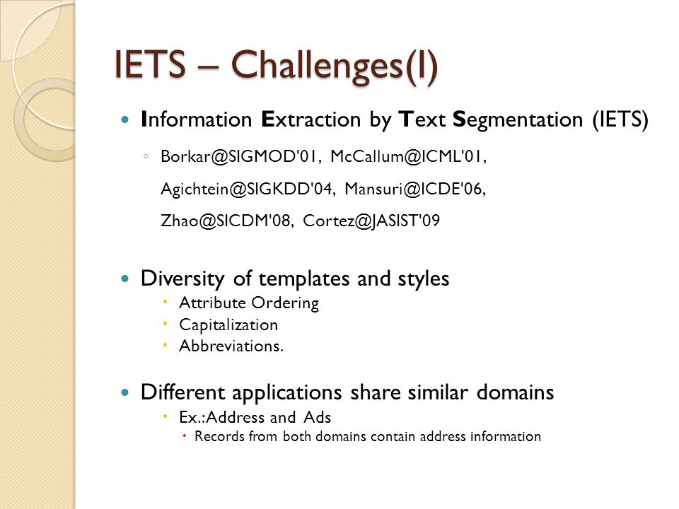 IETS – Challenges(I) Information Extraction by Text Segmentation (IETS) ◦ 01, 01, 04, 06, 08, 09 Diversity of templates and styles  Attribute Ordering  Capitalization  Abbreviations.