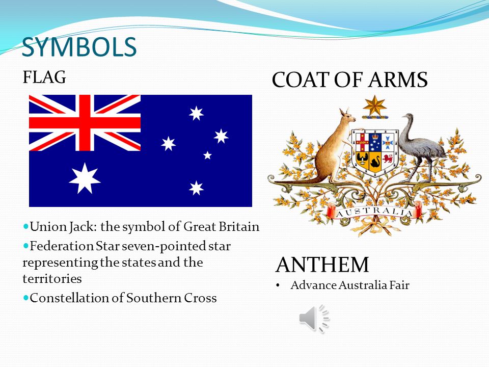SYMBOLS FLAG Union Jack: the symbol of Great Britain Federation Star seven-pointed star representing the states and the territories Constellation of Southern Cross COAT OF ARMS ANTHEM Advance Australia Fair