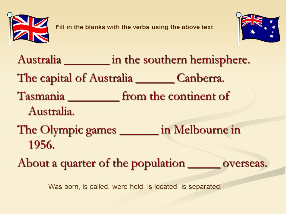 Australia _______ in the southern hemisphere. The capital of Australia ______ Canberra.