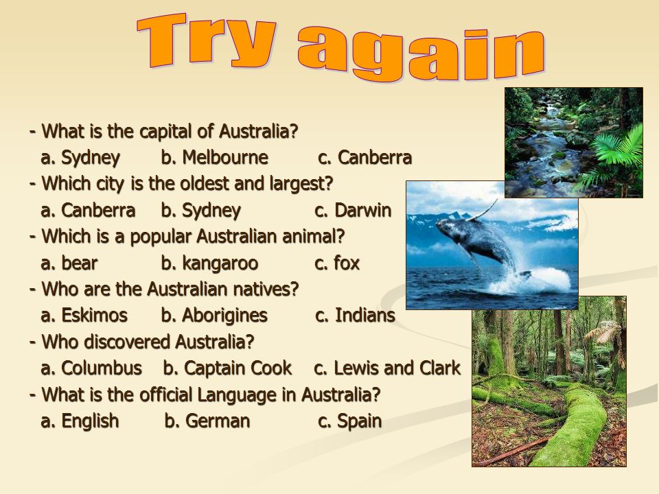 - What is the capital of Australia. a. Sydney b.