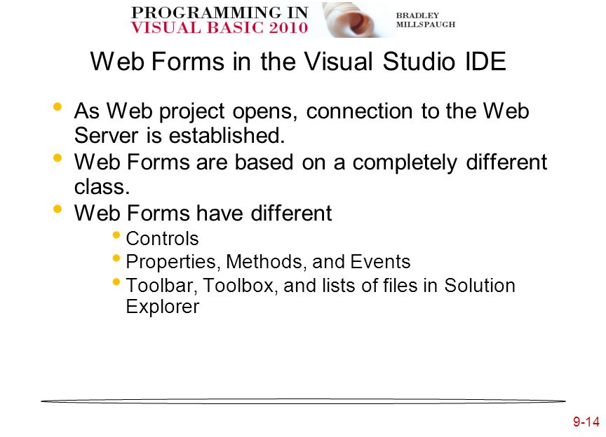 9-14 Web Forms in the Visual Studio IDE As Web project opens, connection to the Web Server is established.