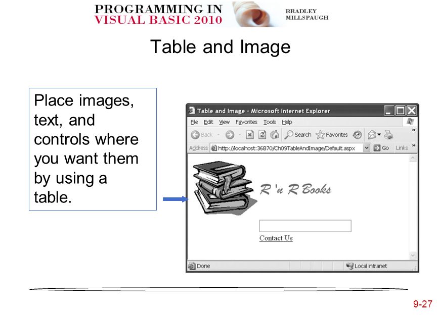 9-27 Table and Image Place images, text, and controls where you want them by using a table.