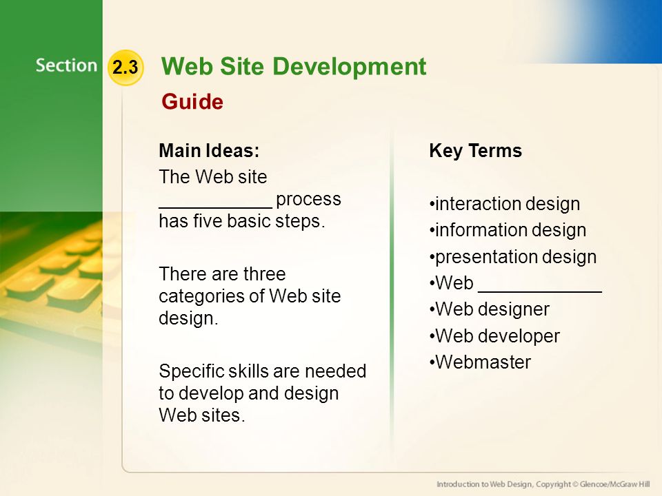 2.3 Web Site Development Guide Main Ideas: The Web site ___________ process has five basic steps.
