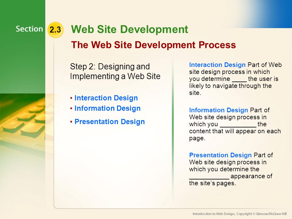 2.3 Web Site Development The Web Site Development Process Step 2: Designing and Implementing a Web Site Interaction Design Information Design Presentation Design Interaction Design Part of Web site design process in which you determine ____ the user is likely to navigate through the site.