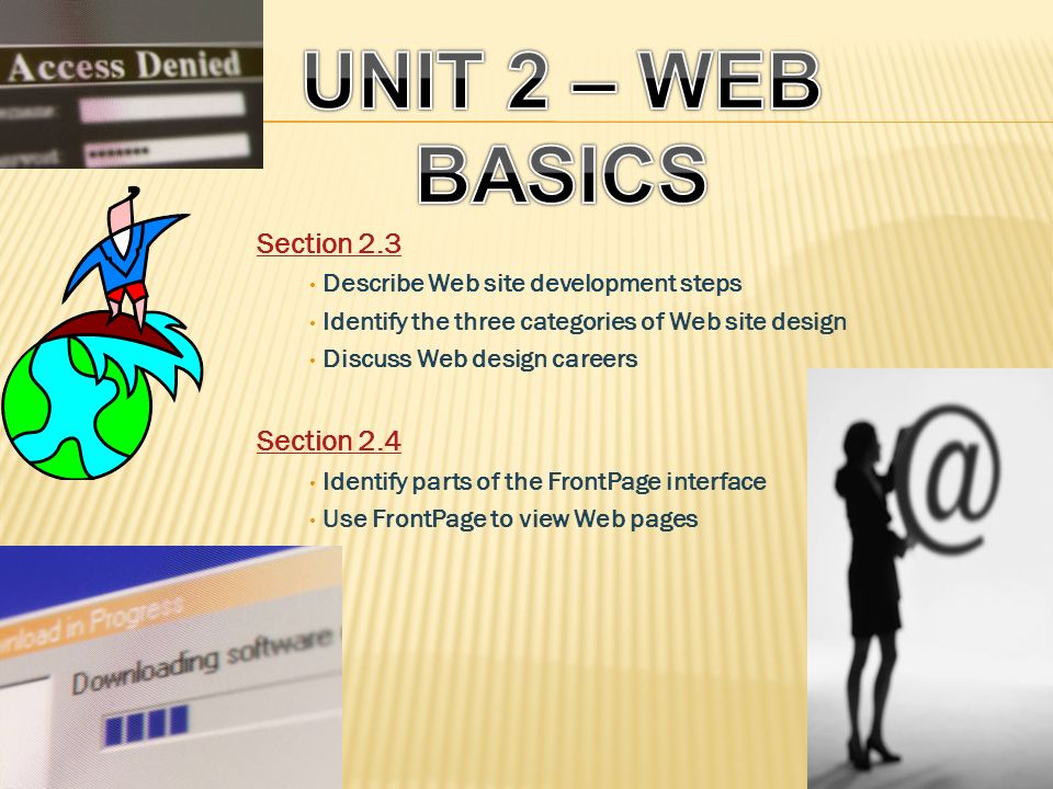 Section 2.3 Describe Web site development steps Identify the three categories of Web site design Discuss Web design careers Section 2.4 Identify parts of the FrontPage interface Use FrontPage to view Web pages