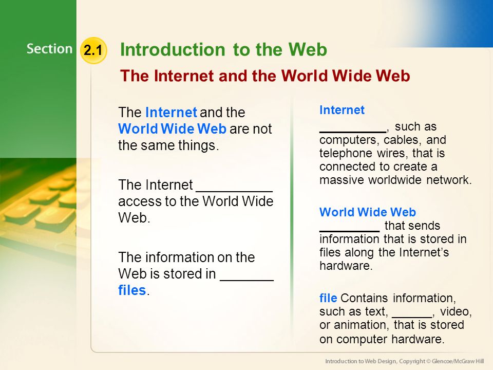 2.1 Introduction to the Web The Internet and the World Wide Web The Internet and the World Wide Web are not the same things.