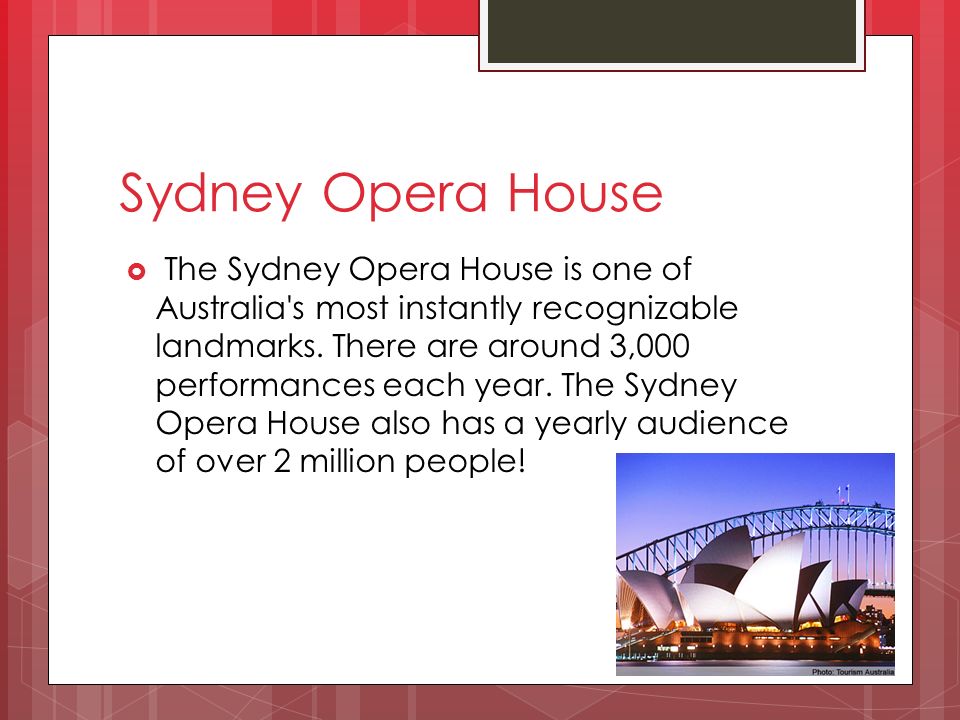 Sydney Opera House  The Sydney Opera House is one of Australia s most instantly recognizable landmarks.