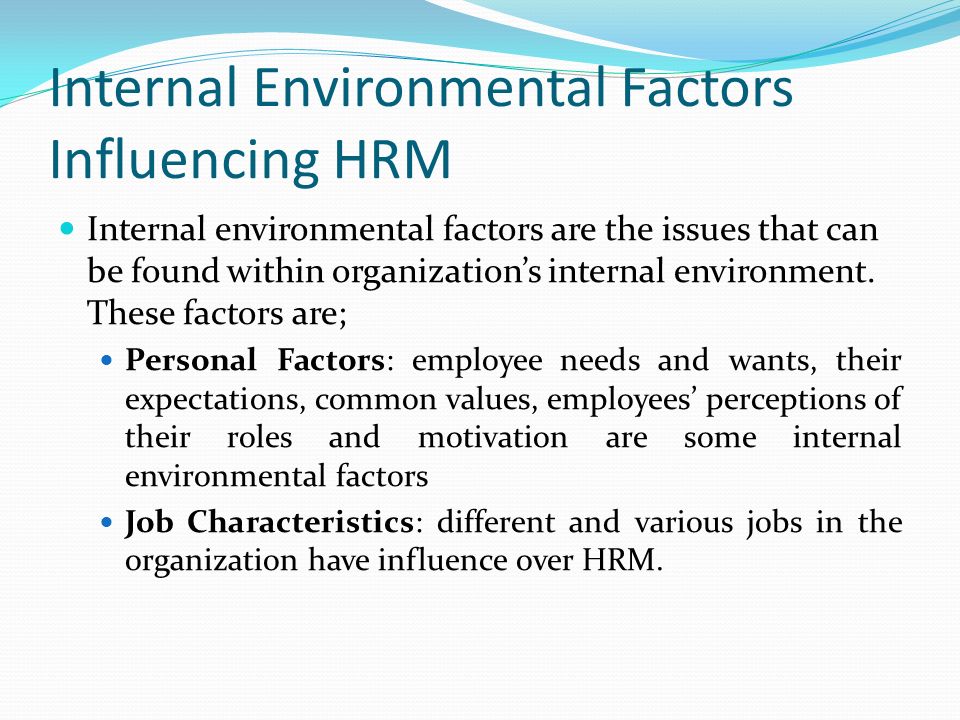 Internal Environmental Factors Influencing HRM Internal environmental factors are the issues that can be found within organization’s internal environment.
