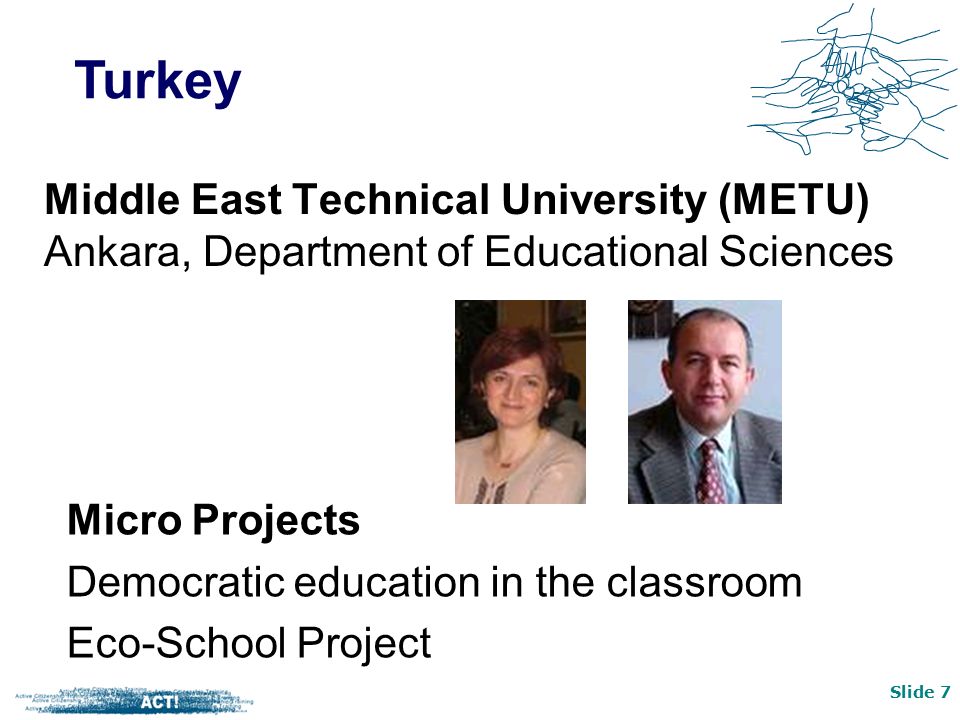 Slide 7 Middle East Technical University (METU) Ankara, Department of Educational Sciences Turkey Micro Projects Democratic education in the classroom Eco-School Project