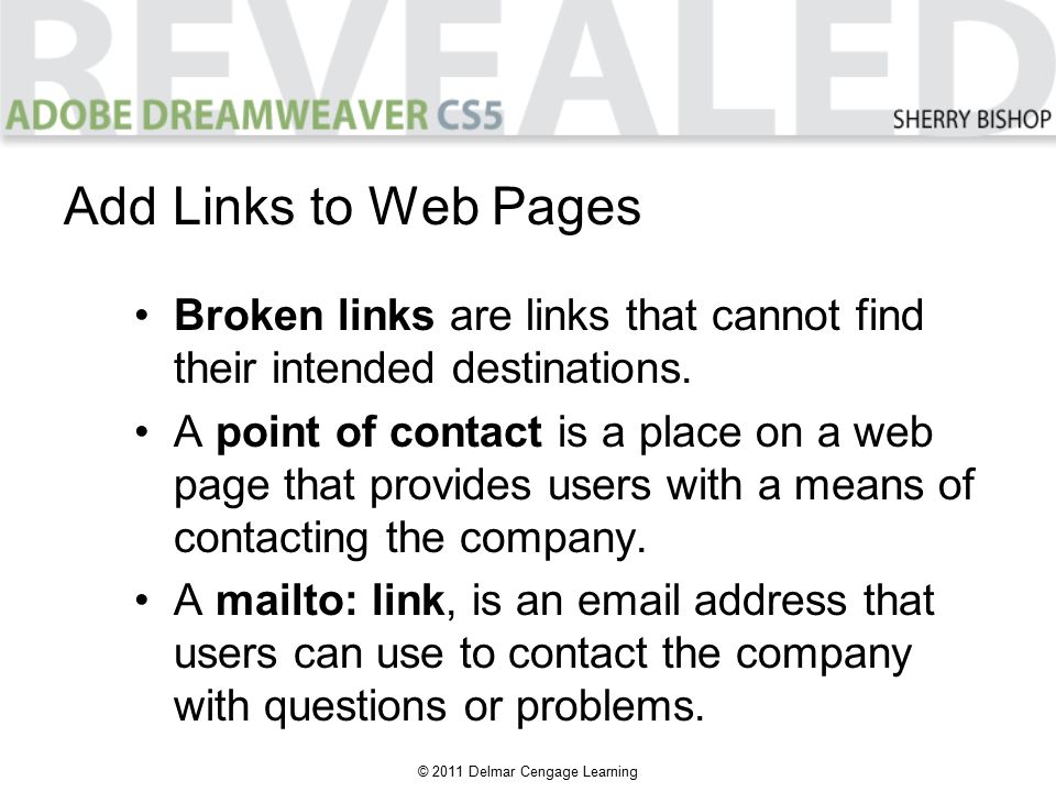 © 2011 Delmar Cengage Learning Broken links are links that cannot find their intended destinations.
