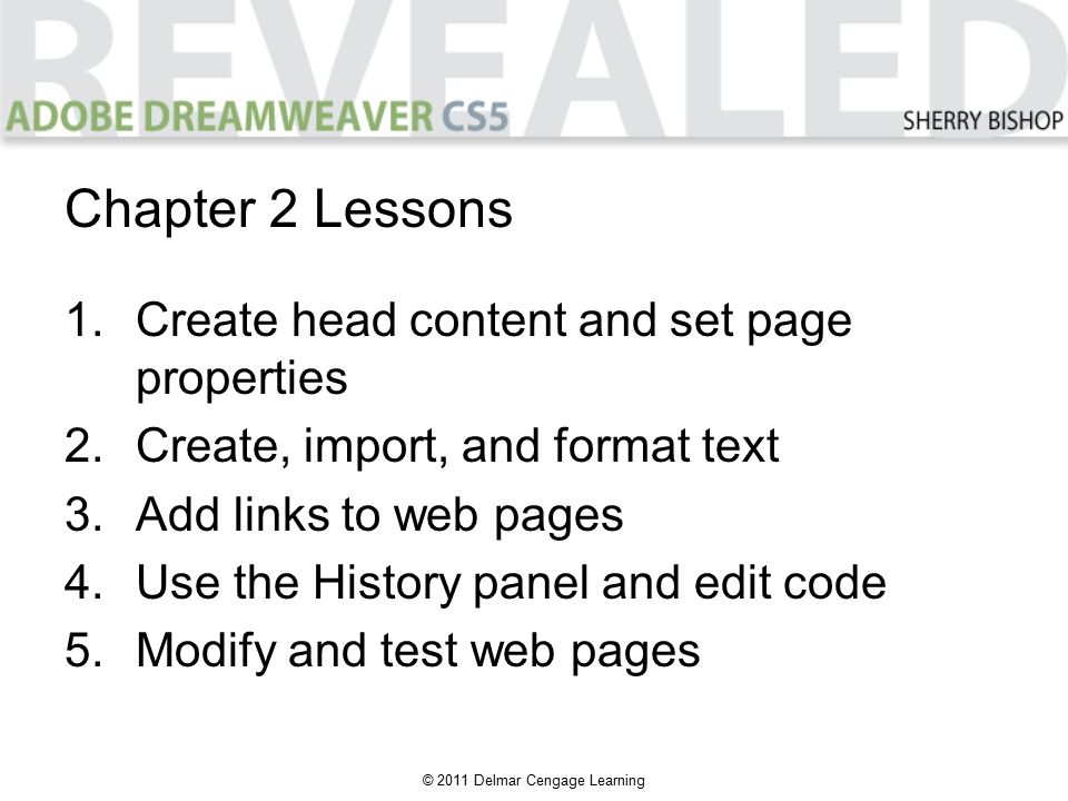 Chapter 2 Lessons 1.Create head content and set page properties 2.Create, import, and format text 3.Add links to web pages 4.Use the History panel and edit code 5.Modify and test web pages © 2011 Delmar Cengage Learning Chapter 2 Lessons