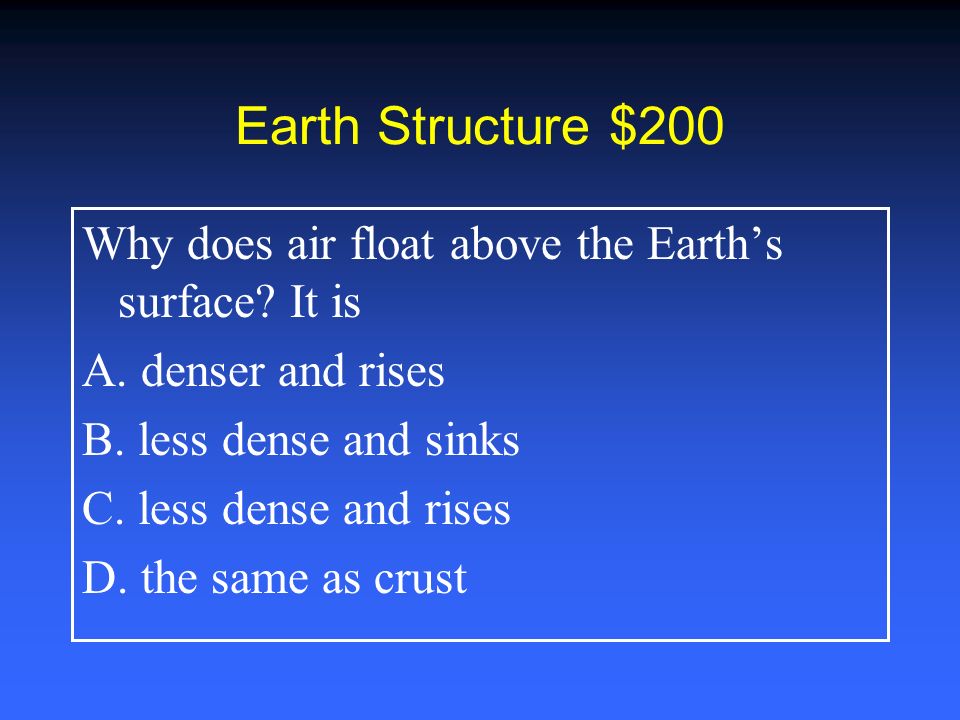 Earth Structure $100 Earth’s interior is divided into layers.