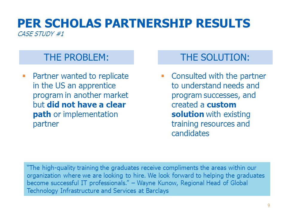 PER SCHOLAS PARTNERSHIP RESULTS CASE STUDY #1  Consulted with the partner to understand needs and program successes, and created a custom solution with existing training resources and candidates 9 THE PROBLEM:THE SOLUTION:  Partner wanted to replicate in the US an apprentice program in another market but did not have a clear path or implementation partner The high-quality training the graduates receive compliments the areas within our organization where we are looking to hire.