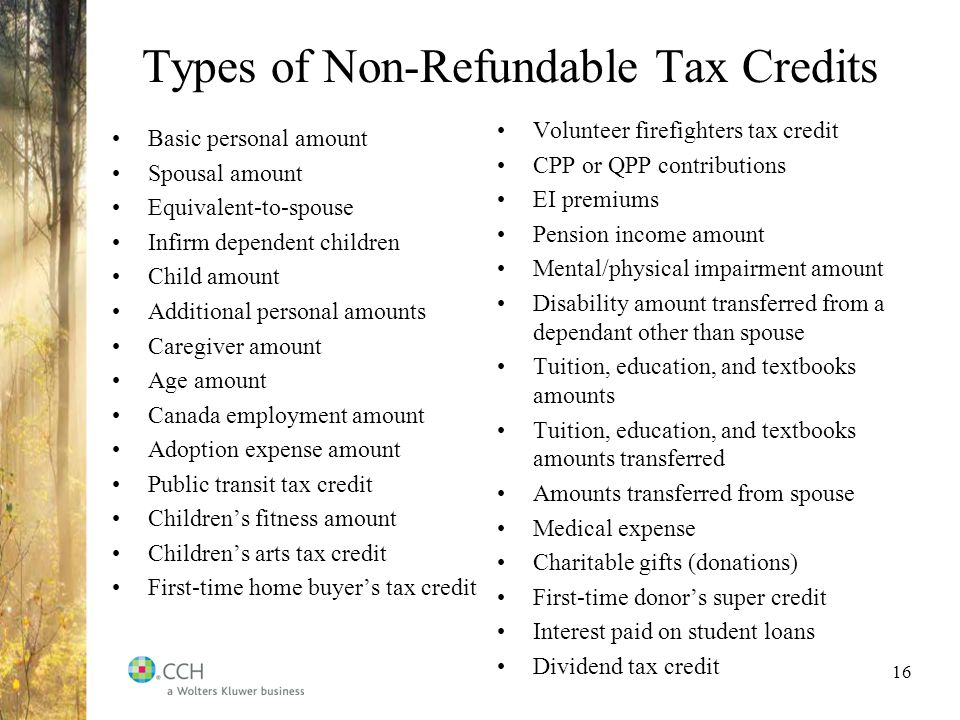 Chapter 10 Comtion Of Taxable Income And Ta Payable For 16 Types Of Non Refundable Tax Credits Basic Personal Amount Spousal Equivalent To Spouse Infirm Dependent Children Child Additional