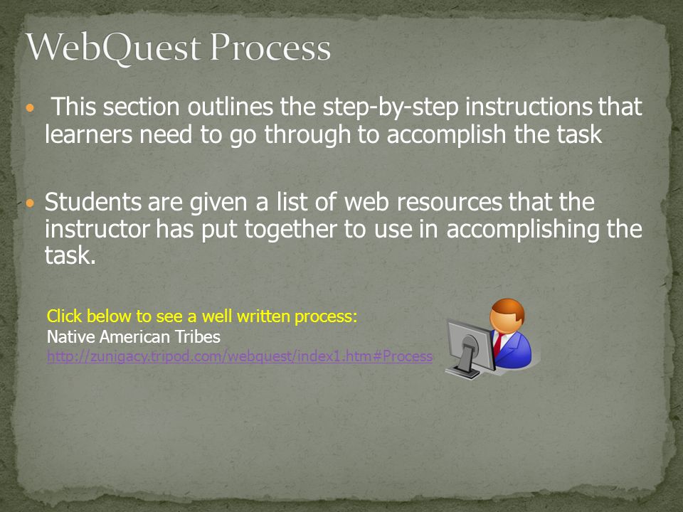 This section outlines the step-by-step instructions that learners need to go through to accomplish the task Students are given a list of web resources that the instructor has put together to use in accomplishing the task.