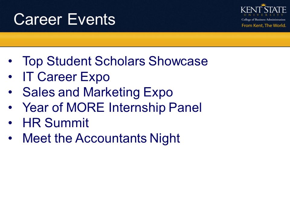 Career Events Top Student Scholars Showcase IT Career Expo Sales and Marketing Expo Year of MORE Internship Panel HR Summit Meet the Accountants Night