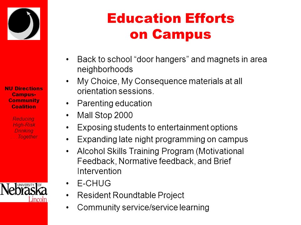 NU Directions Campus- Community Coalition Reducing High-Risk Drinking...Together Back to school door hangers and magnets in area neighborhoods My Choice, My Consequence materials at all orientation sessions.