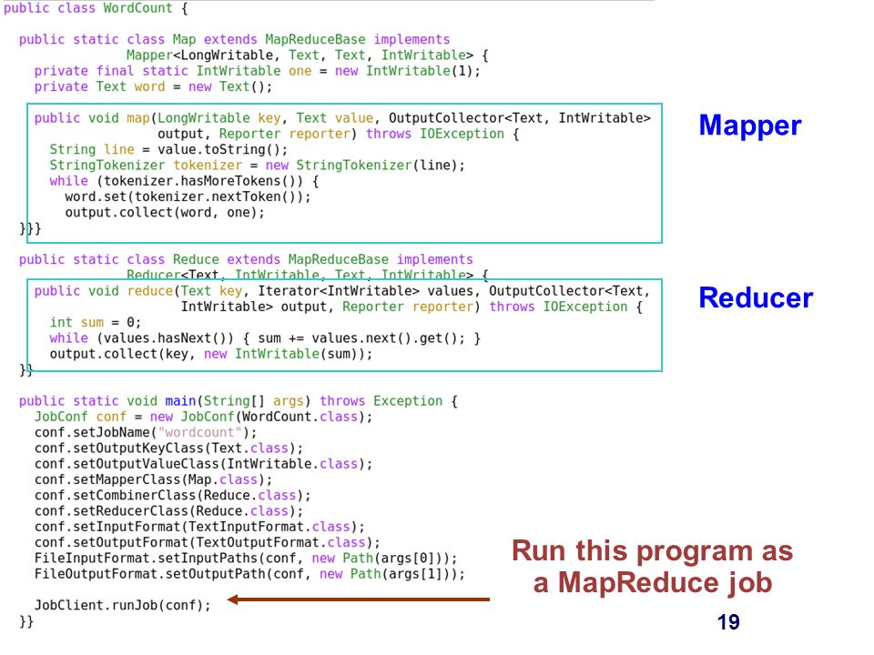 – 19 – A MapReduce Job 19 Mapper Reducer Run this program as a MapReduce job