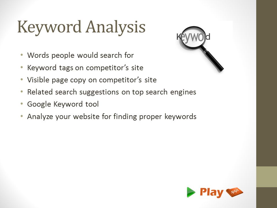 Keyword Analysis Words people would search for Keyword tags on competitor’s site Visible page copy on competitor’s site Related search suggestions on top search engines Google Keyword tool Analyze your website for finding proper keywords