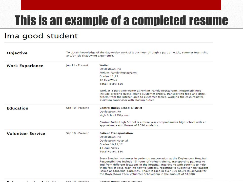 This is an example of a completed resume