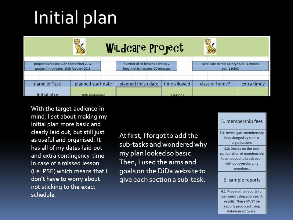 Initial plan With the target audience in mind, I set about making my initial plan more basic and clearly laid out, but still just as useful and organised.