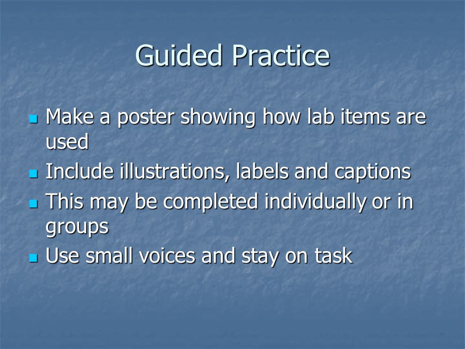 Guided Practice Make a poster showing how lab items are used Make a poster showing how lab items are used Include illustrations, labels and captions Include illustrations, labels and captions This may be completed individually or in groups This may be completed individually or in groups Use small voices and stay on task Use small voices and stay on task