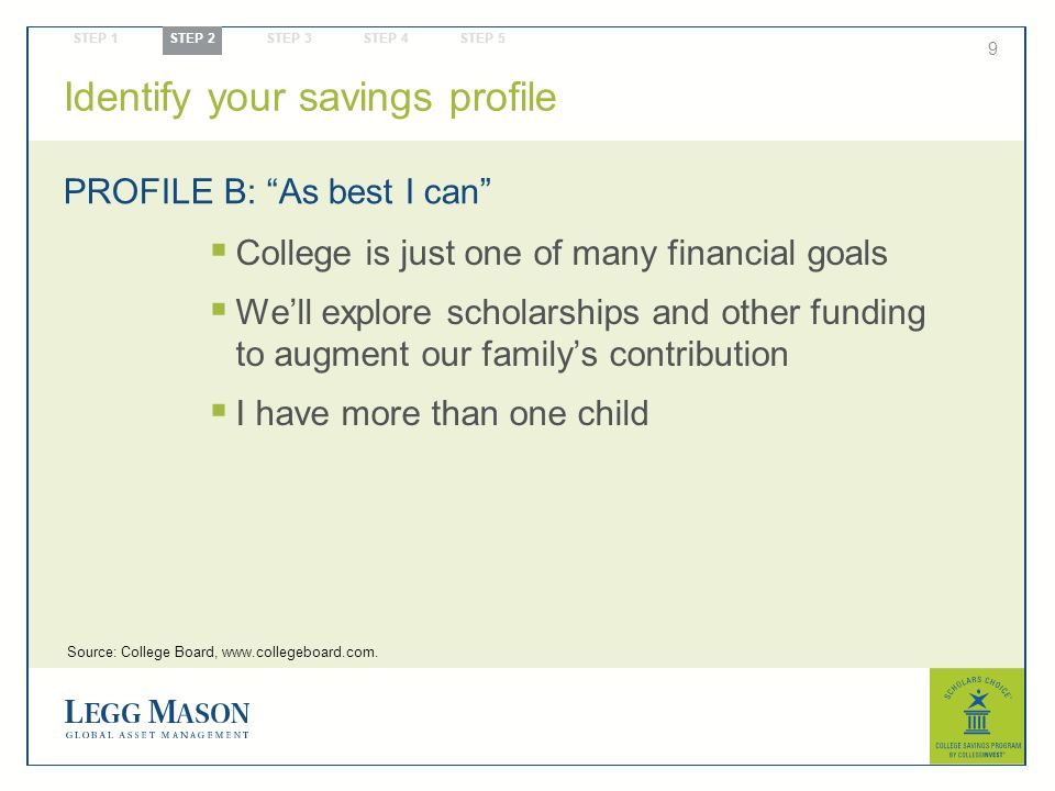 9  College is just one of many financial goals  We’ll explore scholarships and other funding to augment our family’s contribution  I have more than one child PROFILE B: As best I can Identify your savings profile STEP 1 STEP 2 STEP 3 STEP 4 STEP 5 Source: College Board,
