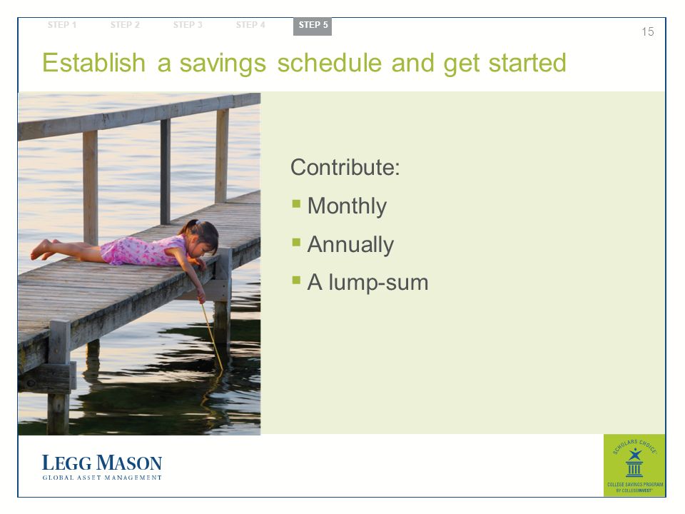 15 Establish a savings schedule and get started Contribute:  Monthly  Annually  A lump-sum STEP 1 STEP 2 STEP 3 STEP 4 STEP 5