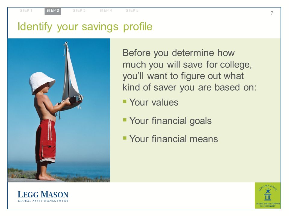 7 Identify your savings profile Before you determine how much you will save for college, you’ll want to figure out what kind of saver you are based on: STEP 1 STEP 2 STEP 3 STEP 4 STEP 5  Your values  Your financial goals  Your financial means