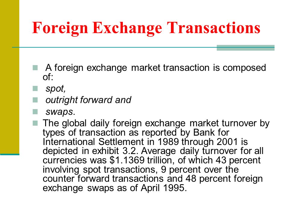 Global foreign exchange market turnover. Foreign Exchange Transactions A foreign  exchange market transaction is composed of: spot, outright forward and. -  ppt download