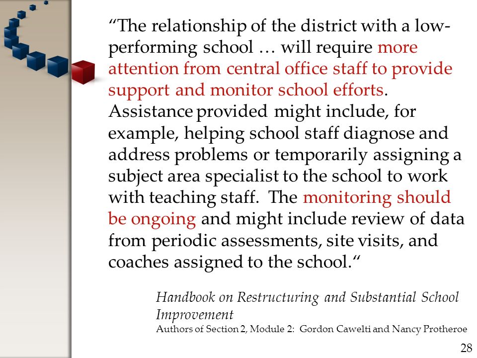 The relationship of the district with a low- performing school … will require more attention from central office staff to provide support and monitor school efforts.