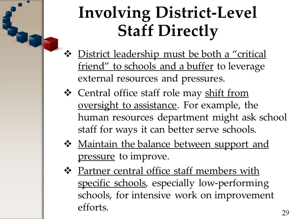 Involving District-Level Staff Directly  District leadership must be both a critical friend to schools and a buffer to leverage external resources and pressures.