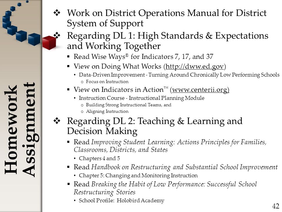  Work on District Operations Manual for District System of Support  Regarding DL 1: High Standards & Expectations and Working Together  Read Wise Ways ® for Indicators 7, 17, and 37  View on Doing What Works (  Data-Driven Improvement - Turning Around Chronically Low Performing Schools o Focus on Instruction  View on Indicators in Action ™ (  Instruction Course - Instructional Planning Module o Building Strong Instructional Teams, and o Aligning Instruction  Regarding DL 2: Teaching & Learning and Decision Making  Read Improving Student Learning: Actions Principles for Families, Classrooms, Districts, and States Chapters 4 and 5  Read Handbook on Restructuring and Substantial School Improvement Chapter 5: Changing and Monitoring Instruction  Read Breaking the Habit of Low Performance: Successful School Restructuring Stories School Profile: Holobird Academy Homework Assignment 42