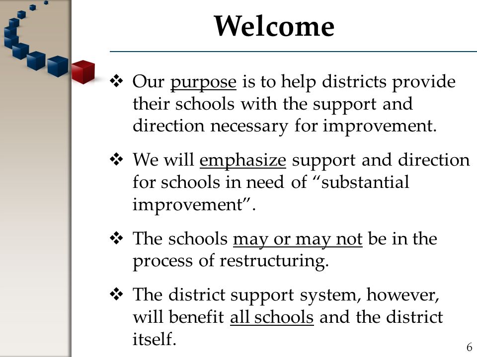 Welcome  Our purpose is to help districts provide their schools with the support and direction necessary for improvement.