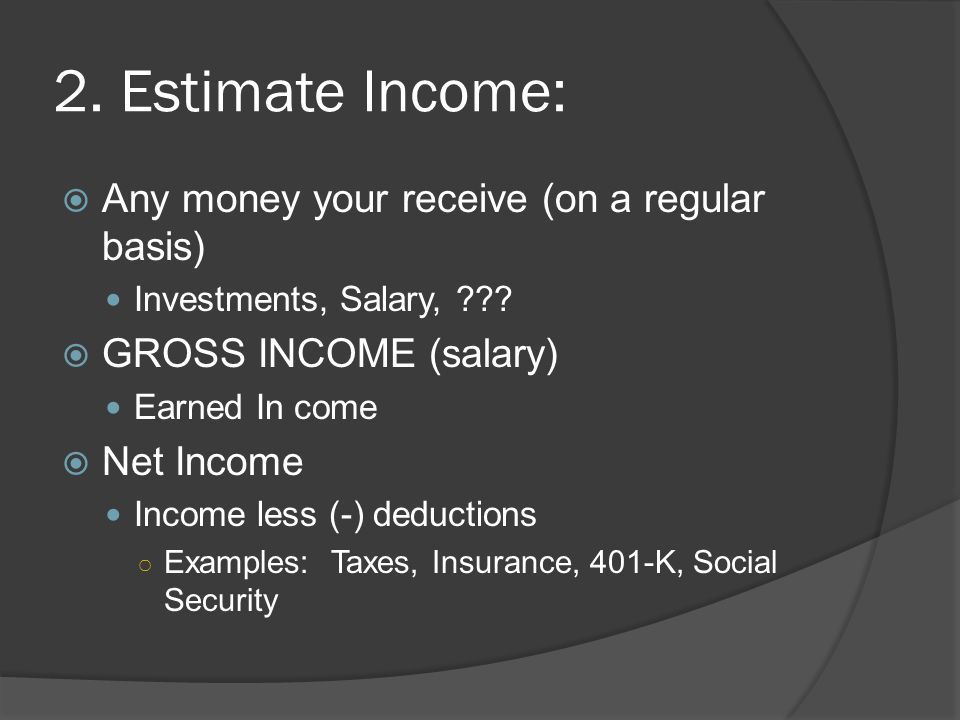 2. Estimate Income:  Any money your receive (on a regular basis) Investments, Salary, .