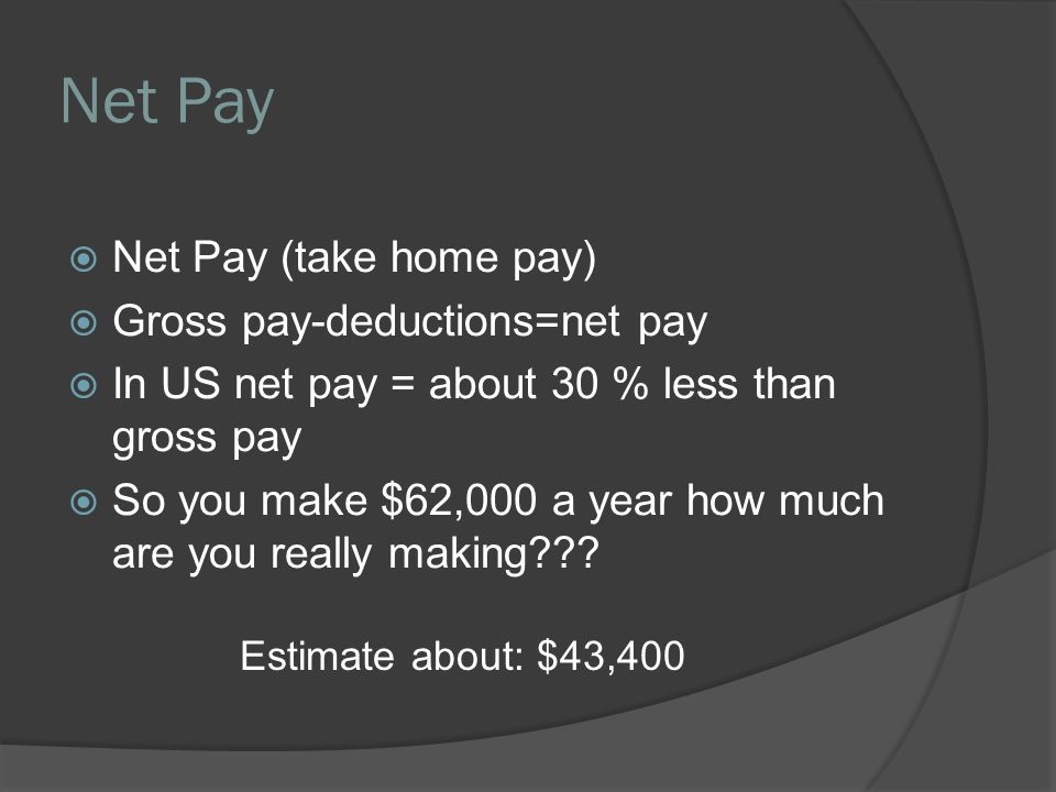 Net Pay  Net Pay (take home pay)  Gross pay-deductions=net pay  In US net pay = about 30 % less than gross pay  So you make $62,000 a year how much are you really making .