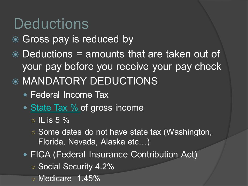 Deductions  Gross pay is reduced by  Deductions = amounts that are taken out of your pay before you receive your pay check  MANDATORY DEDUCTIONS Federal Income Tax State Tax % of gross income State Tax % ○ IL is 5 % ○ Some dates do not have state tax (Washington, Florida, Nevada, Alaska etc…) FICA (Federal Insurance Contribution Act) ○ Social Security 4.2% ○ Medicare 1.45%