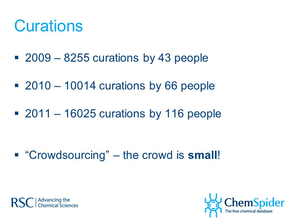 Curations  2009 – 8255 curations by 43 people  2010 – curations by 66 people  2011 – curations by 116 people  Crowdsourcing – the crowd is small!